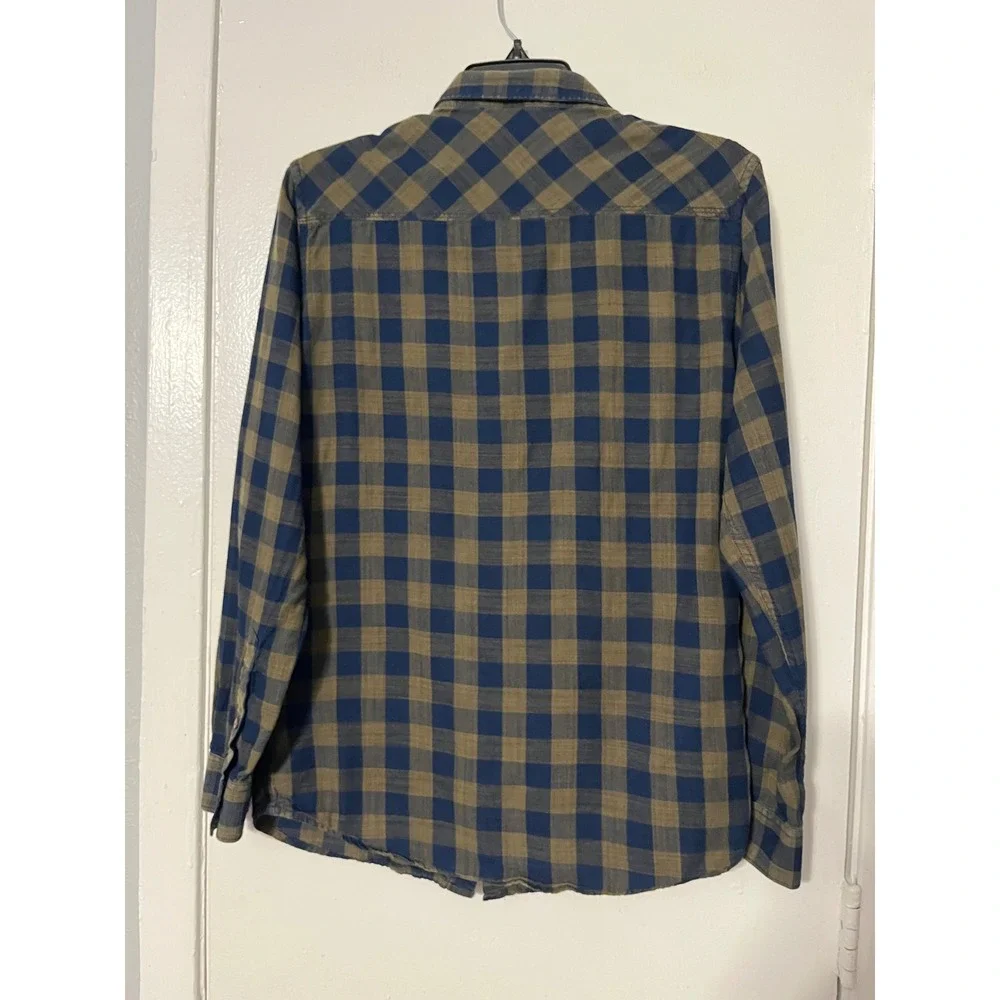 Spykar Actif Mens Medium Blue Olive Green Check Plaid Button Down Shirt Cotton
